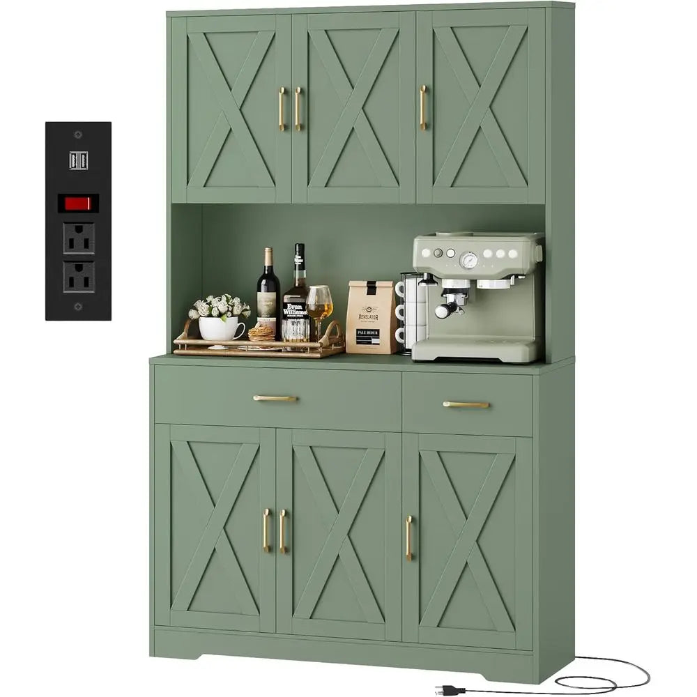 71-Inch Tall Pantry Cabinet with Charging Station - Green