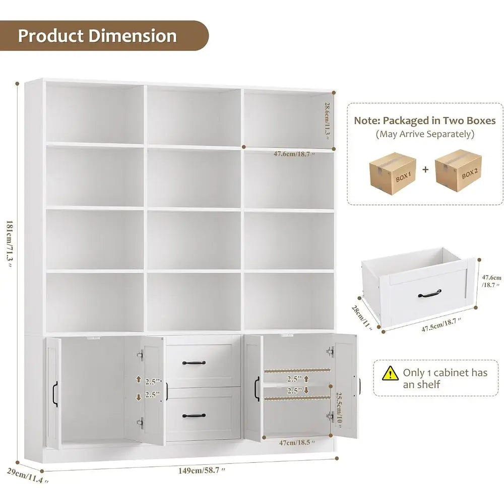6-Tier White Wooden Triple Wide Bookshelf