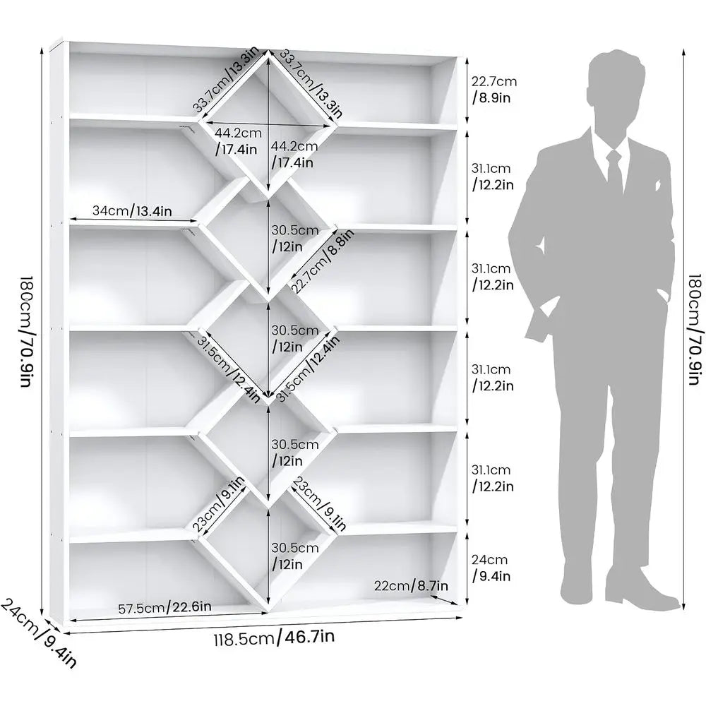 6-Tier Triple Wide Bookshelf with Diamond Design - White