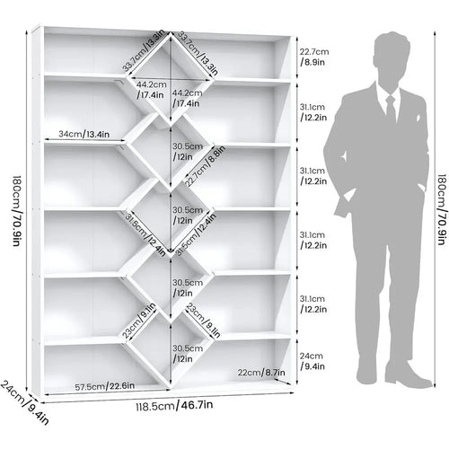 6-Tier Triple Wide Bookshelf with Diamond Design - White