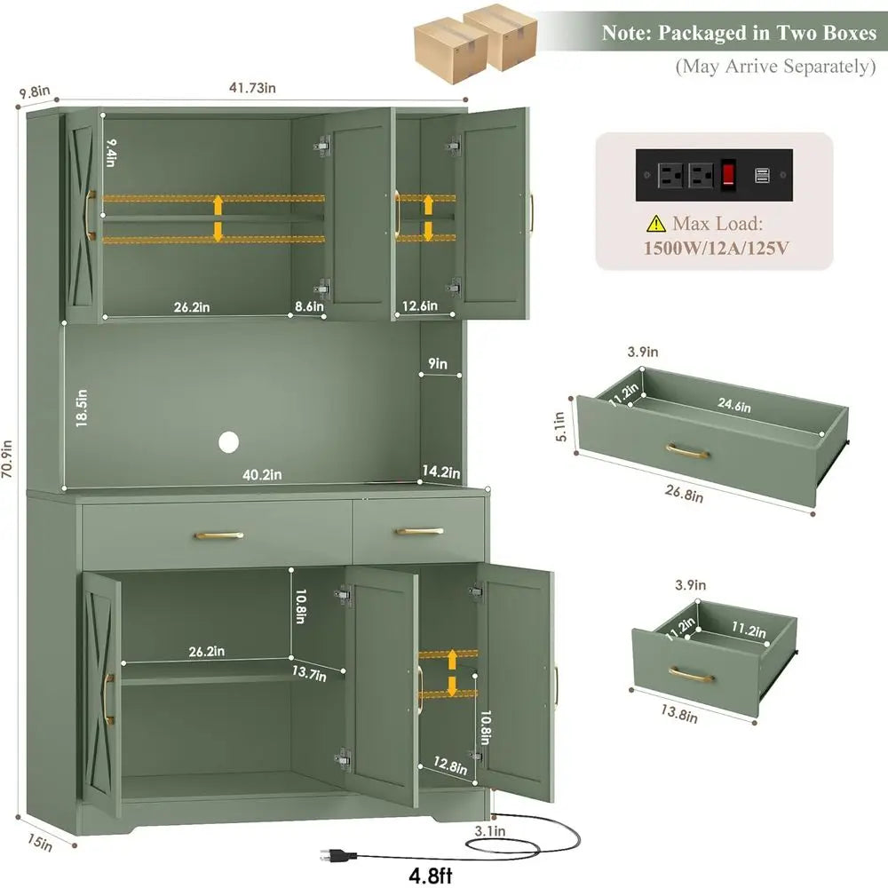 71-Inch Tall Pantry Cabinet with Charging Station - Green