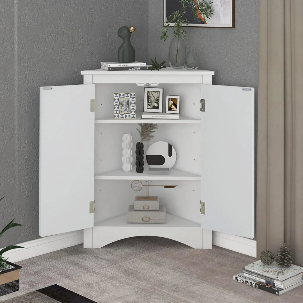 White Corner Storage Cabinet with Adjustable Shelves