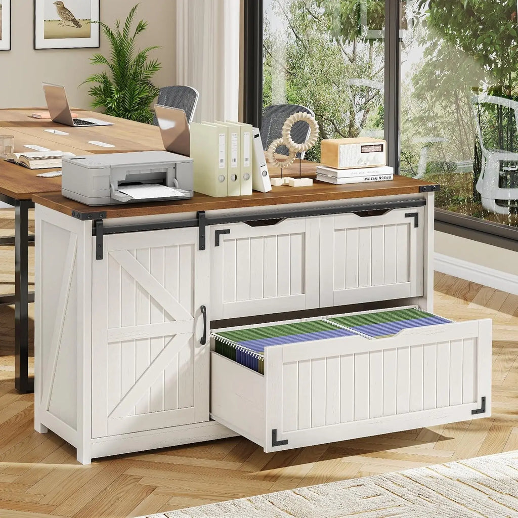 Off White Farmhouse Lateral Filing Cabinet with Sliding Door