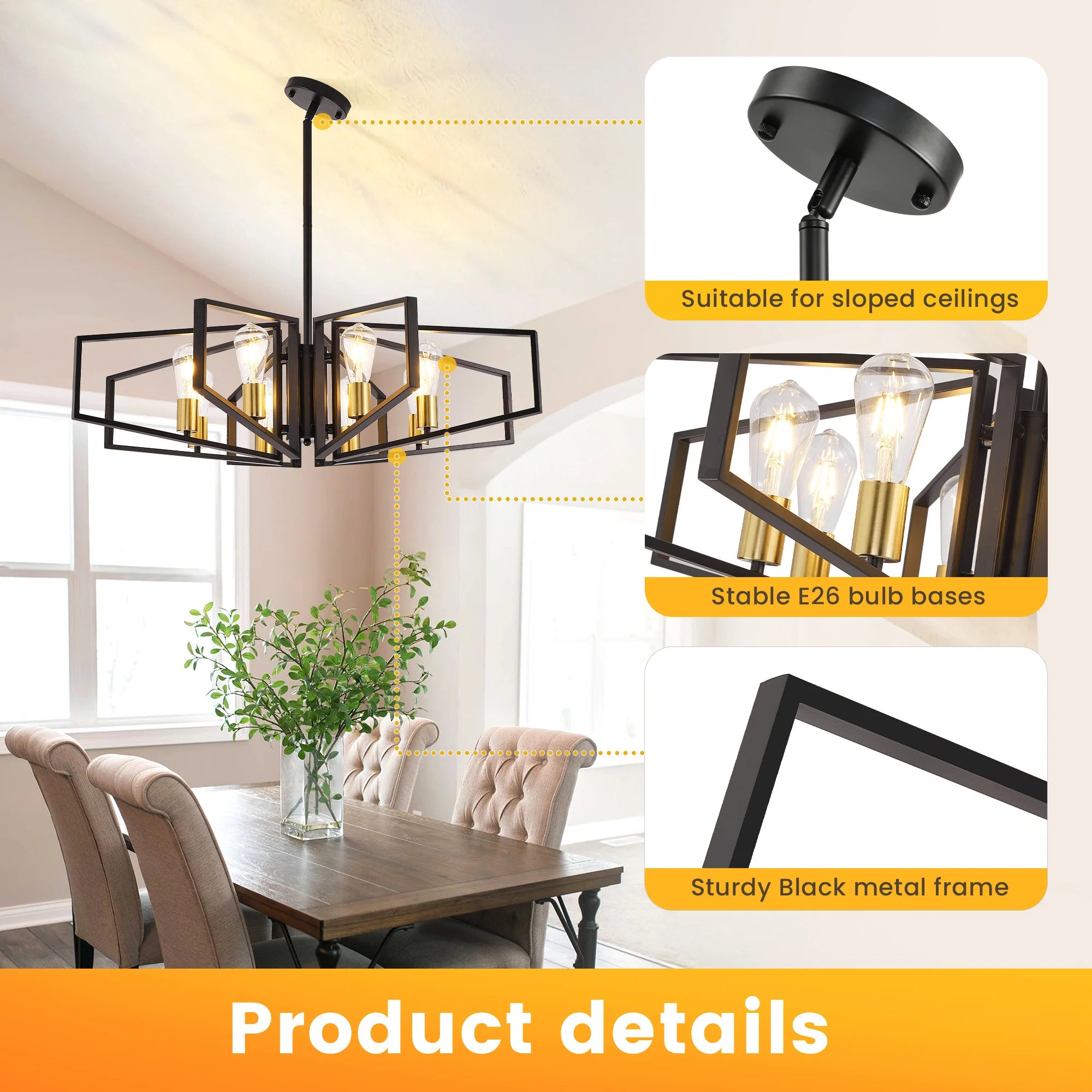 Modern 8-Light Geometric Chandelier with Adjustable Height