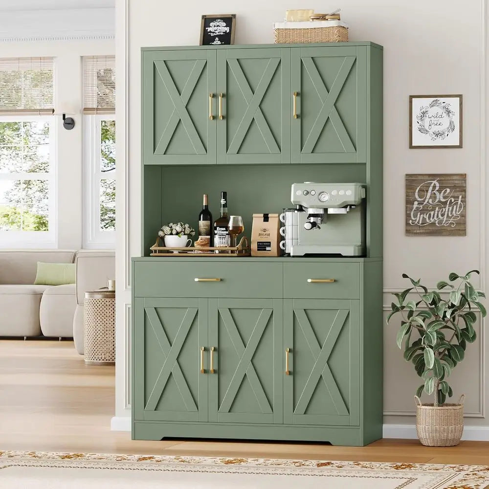 71-Inch Tall Pantry Cabinet with Charging Station - Green