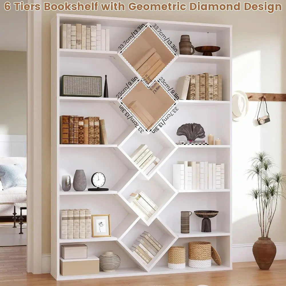 6-Tier Triple Wide Bookshelf with Diamond Design - White