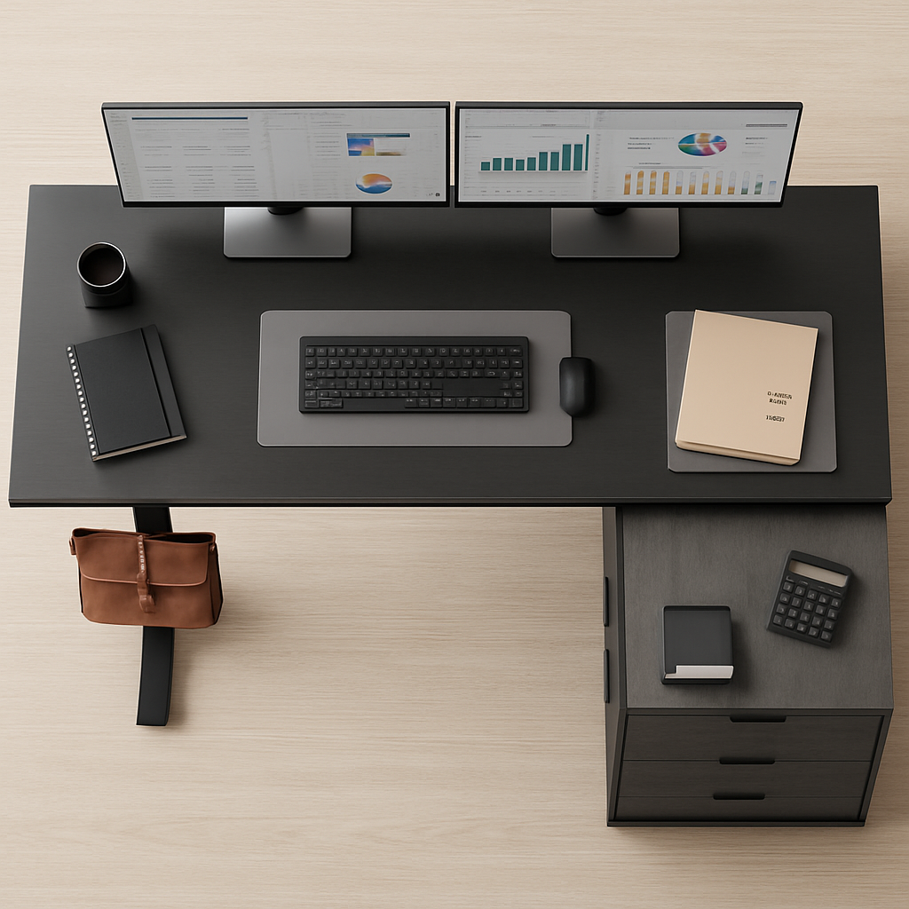 71 Grey Electric Standing Desk, Adjustable Height L-Shaped Desk with Drawers, Cabinet, Power Outlets & Side Hook for Home Office context image