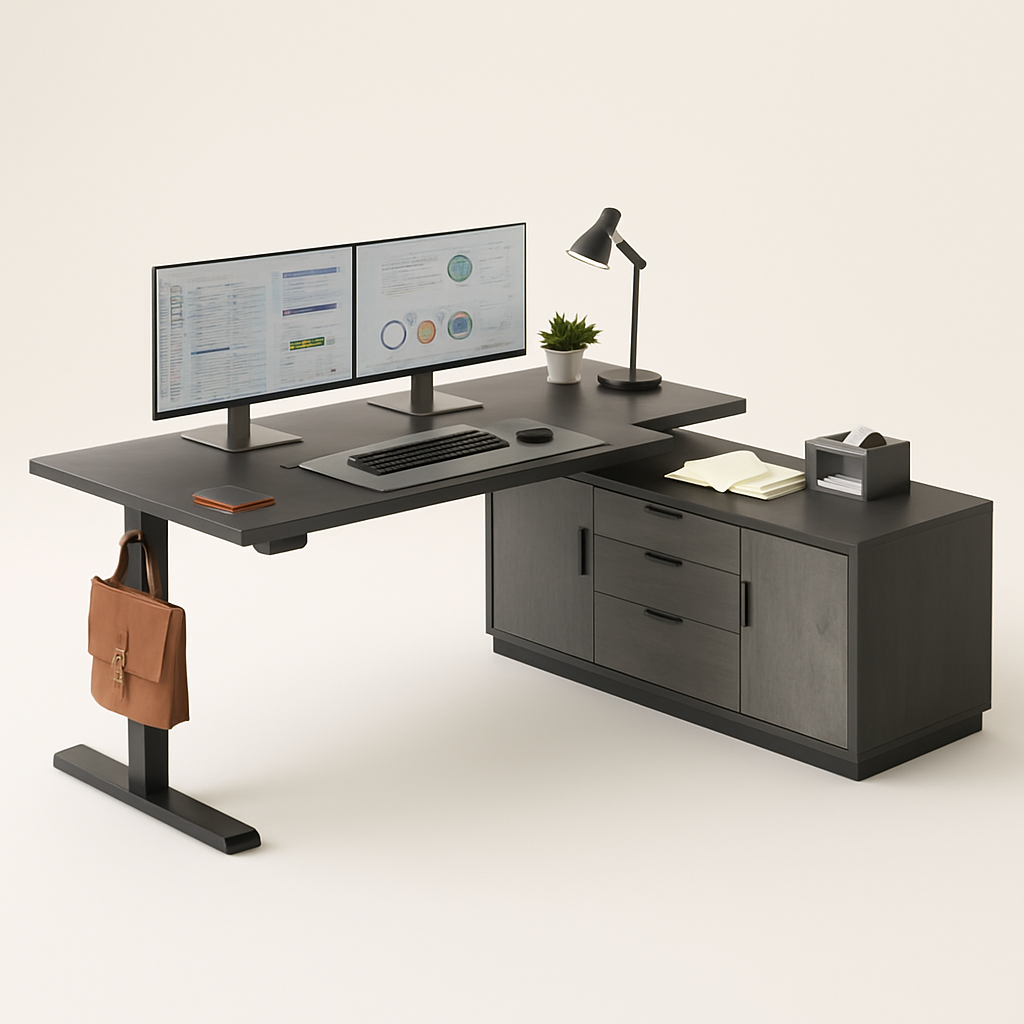 71 Grey Electric Standing Desk, Adjustable Height L-Shaped Desk with Drawers, Cabinet, Power Outlets & Side Hook for Home Office cover image
