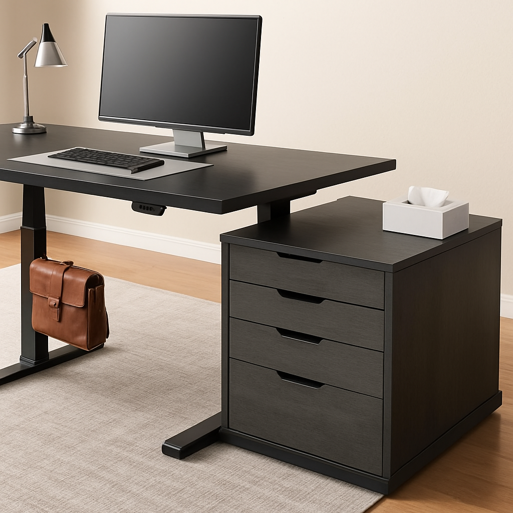 71 Grey Electric Standing Desk, Adjustable Height L-Shaped Desk with Drawers, Cabinet, Power Outlets & Side Hook for Home Office promotional image