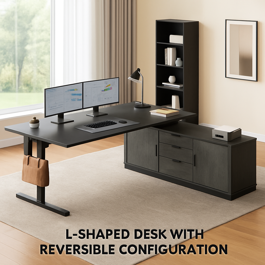 71 Grey Electric Standing Desk, Adjustable Height L-Shaped Desk with Drawers, Cabinet, Power Outlets & Side Hook for Home Office lifestyle image