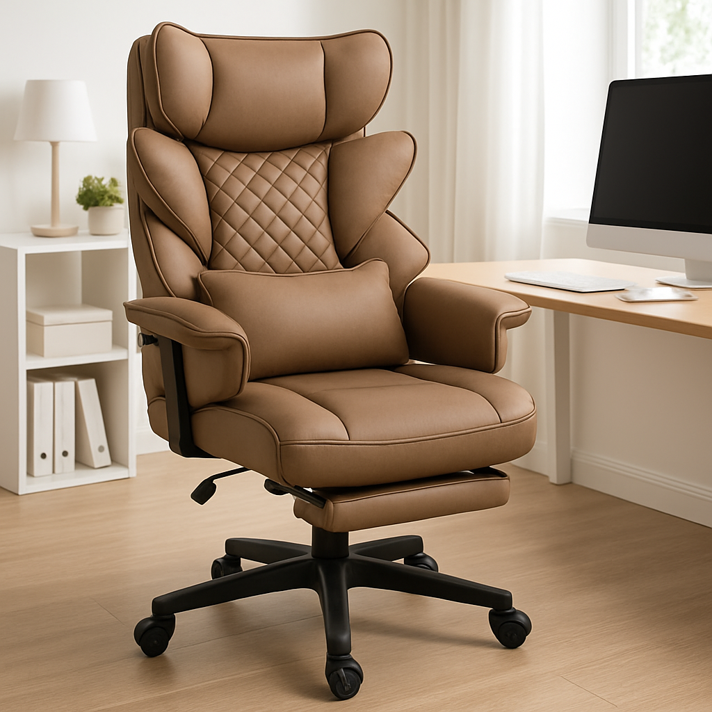 Luxury High-Back Ergonomic Office Chair with Spring Cushion, Adjustable Armrests, Lumbar Support, and Footrest in Brown PU Leath lifestyle image
