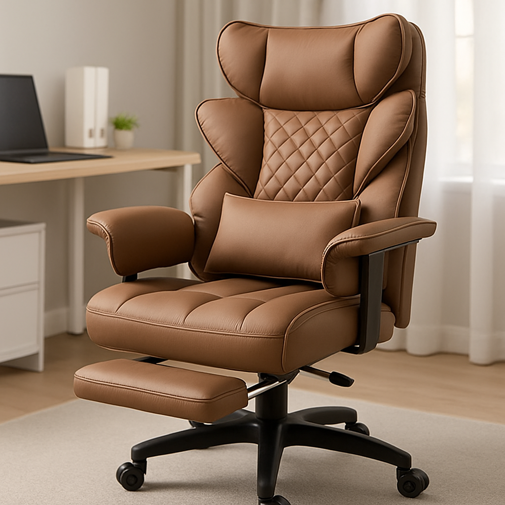 Luxury High-Back Ergonomic Office Chair with Spring Cushion, Adjustable Armrests, Lumbar Support, and Footrest in Brown PU Leath promotional image